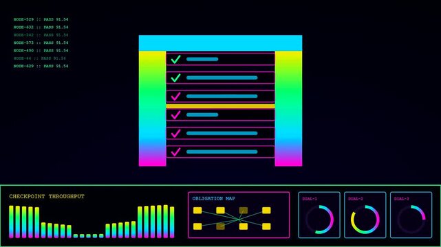 Digital compliance monitoring visualized through animated interface panels with shifting gradient charts and data points tracking system health metrics in a dark virtual computing environment