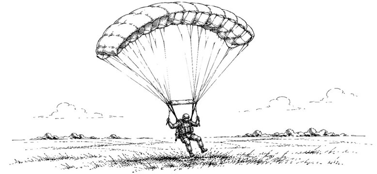 A parachutist descends beneath a fully deployed canopy toward an open field, depicted with airy linework and a spacious landscape.