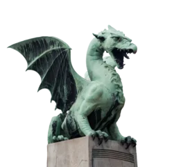 Green bronze dragon statue on a stone pedestal, mythical guardian © Diana Vyshniakova