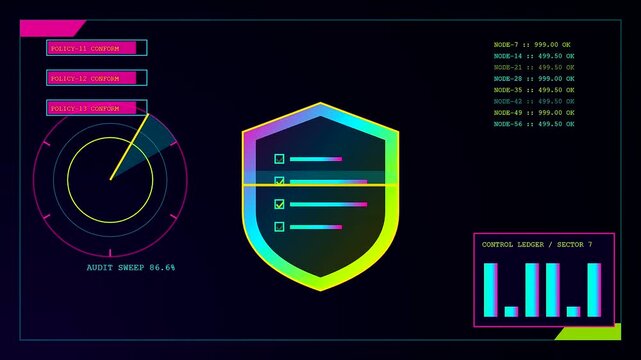 Animated compliance monitoring interface showing a digital shield icon with a radar scanner and bar graphs glowing in vibrant neon colors on a dark screen