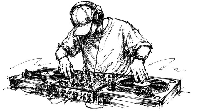 Dynamic black ink drawing of a DJ working with turntables and headphones, capturing nightlife, electronic music, live performance, mixing, entertainment, and club culture.