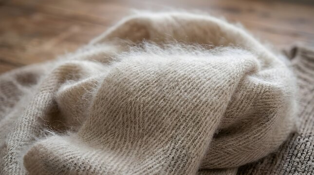 Close-up of soft knitted beige fabric texture with gentle folds, warm wool or cashmere material, cozy winter clothing and textile design concept, soft natural fiber surface, elegant neutral tone.