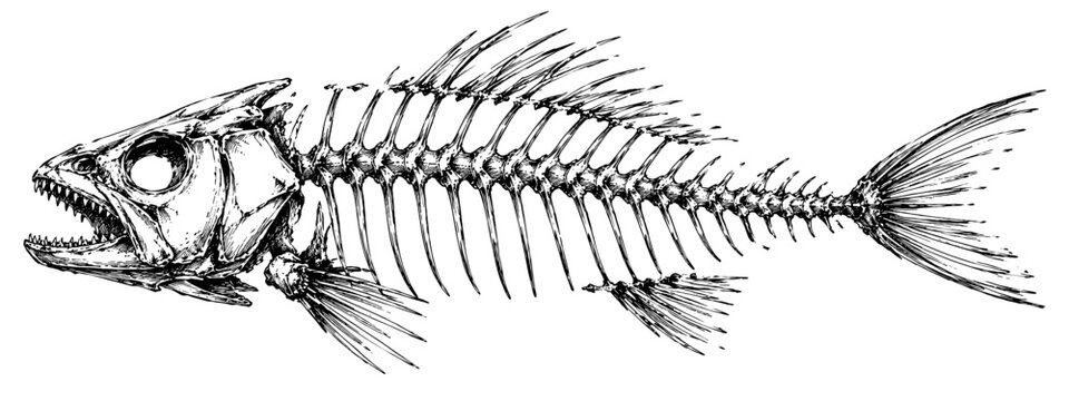 Scientific black ink drawing of a complete fish skeleton with exposed bones, fins, jaws, and vertebrae, suited to anatomy, biology, marine science, education, fossils, and natural history.