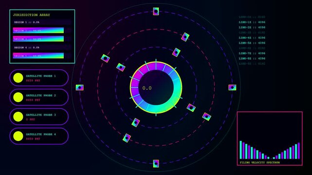 A digital compliance monitoring system displays circular data arrays and probe indicators across three glowing screens showing fluctuating statistics for complex global network management operations