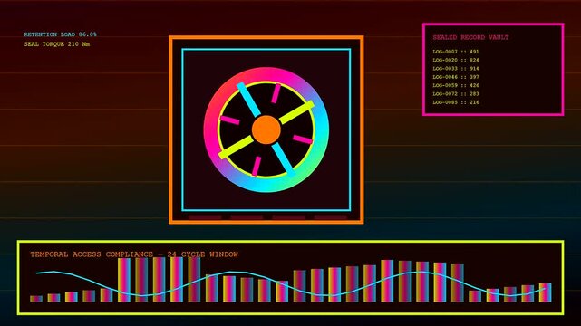A detailed compliance monitoring interface displays shifting geometric vault iconography and oscillating multi colored bar charts that fluctuate across a dark digital screen as metrics evolve