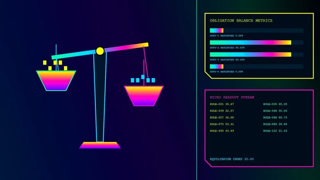 Neon digital scale display showing compliance monitoring through shifting weight bars and floating cubic data elements in a dark virtual interface environment for financial analysis