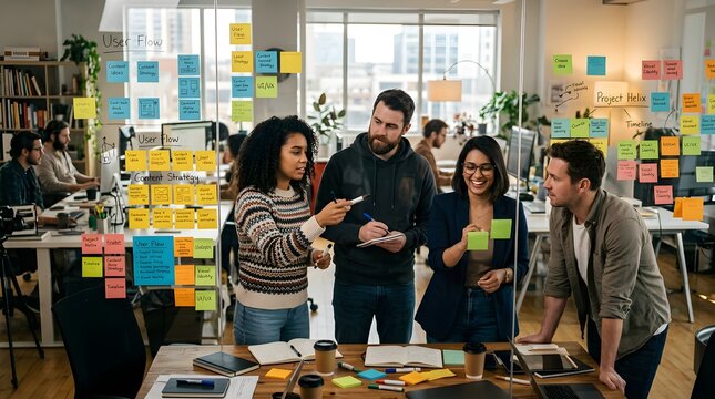 A diverse team of coworkers collaborates in a bright modern office, discussing ideas beside a colorful wall of sticky notes during a creative business planning session.
