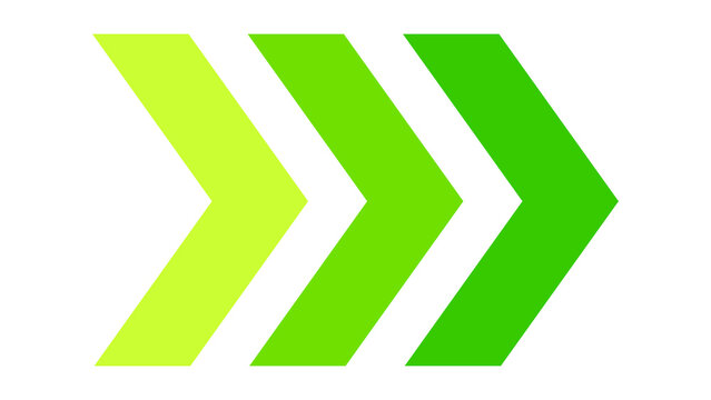 Three gradient green chevron arrows pointing right on a white background with triple arrows directional sign lime green graphic symbols pointer icons navigation signs direction markers