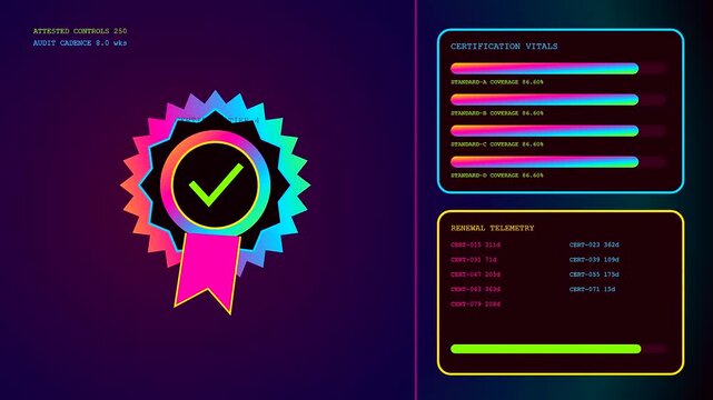 a compliance monitoring dashboard interface features digital badges with checkmark icons changing status bars and text lists across animated screens showing data processing in neon style