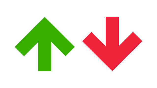 Green up arrow and red down arrow side by side representing opposite directions with up arrow financial indicators trend icons stock market growth decline comparison signs up arrow business