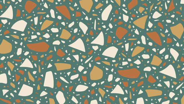 Seamless vector terrazzo pattern repeating mosaic flakes and tiles green orange yellow and white