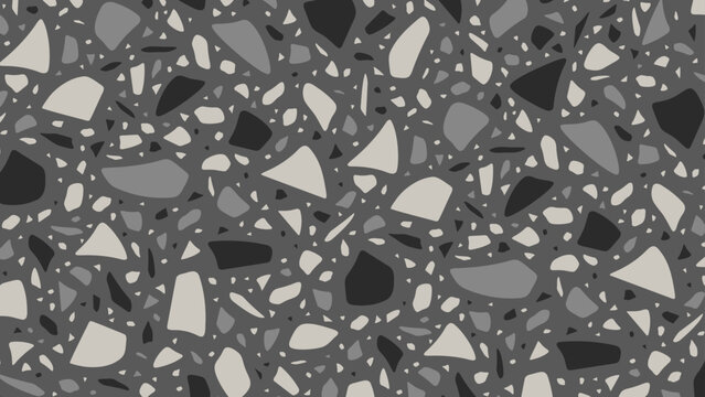Seamless vector terrazzo pattern repeating mosaic flakes and tiles black white and grey
