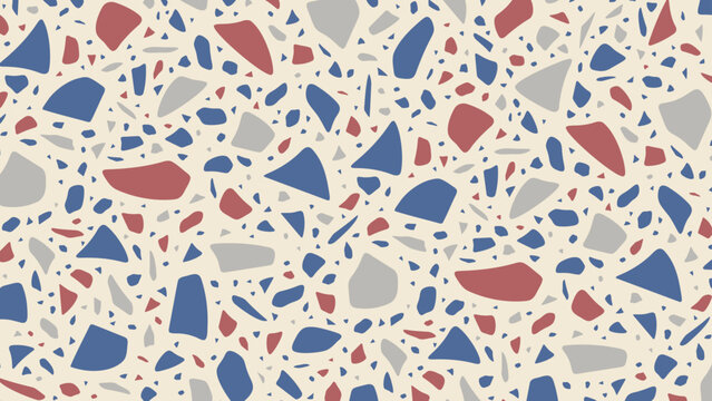 Seamless vector terrazzo pattern repeating mosaic flakes and tiles red white blue and grey