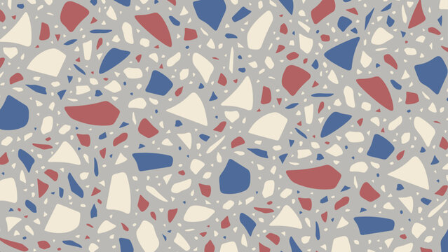 Seamless vector terrazzo pattern repeating mosaic flakes and tiles red white blue and grey