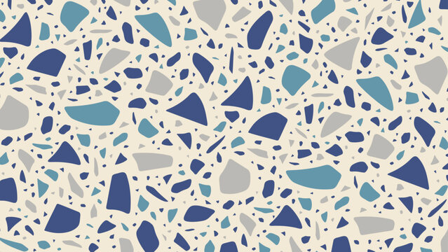 Seamless vector terrazzo pattern repeating mosaic flakes and tiles blue grey and white