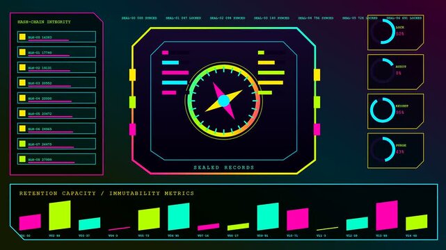 Compliance monitoring displays appear on a dark interface featuring glowing neon circular progress bars rotating compass indicators and colorful bar charts for complex data visualization analysis