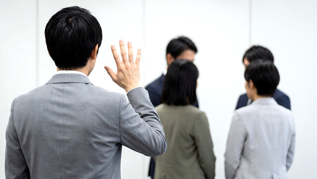 白い壁の前で立つ同僚たちへ片手を掲げて拒否する男性社員の背中
