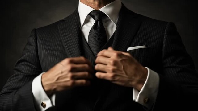 Confident Businessman in Dark Pinstripe Three-Piece Suit Standing with Arms Crossed in Dramatic Studio Lighting