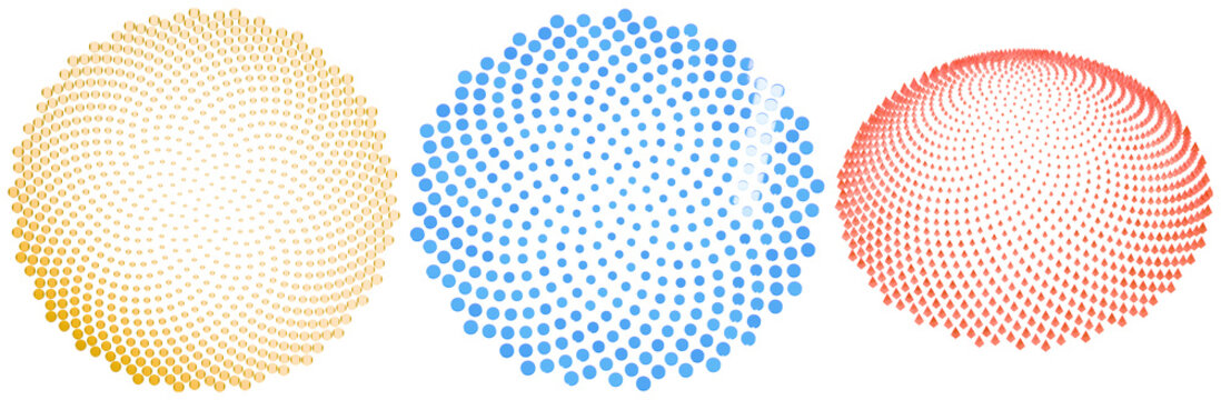 Three colorful phyllotaxis-style geometric dot spheres form an abstract digital design set.