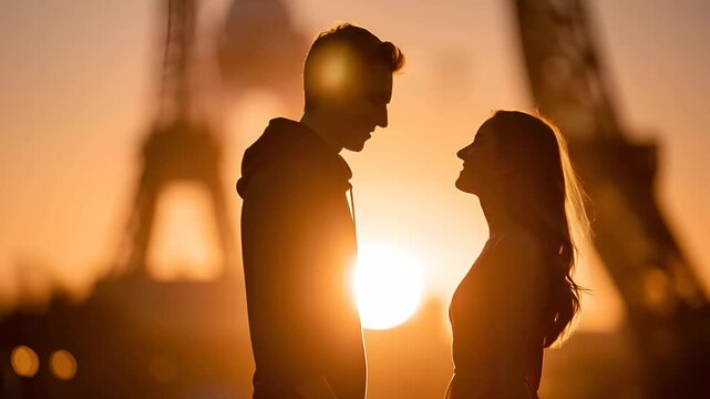 Paris, France, Europe. A romantic silhouette photograph captures a couple in a passionate embrace against the Eiffel Tower at sunset.