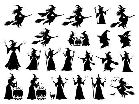 Collection of black witch silhouettes on a white background for halloween and spooky themes