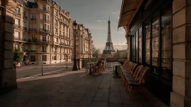 Paris, France, Europe. A panoramic view of a Parisian street scene shows the Eiffel Tower in the distance. The scene is bathed in warm, golden light, indicating either early morning or late afternoon.