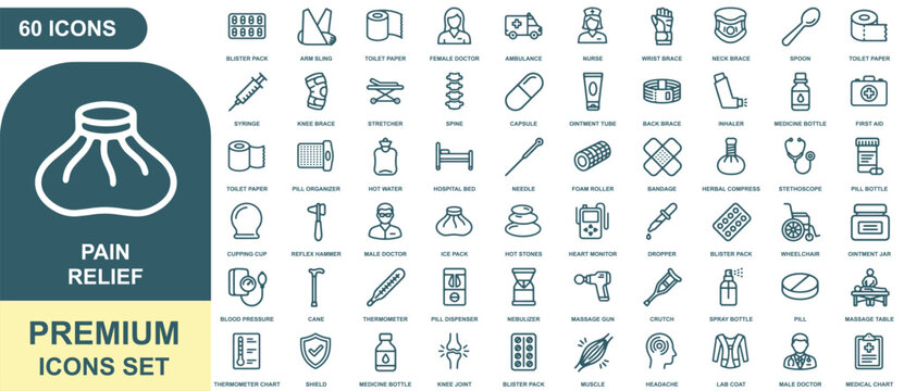 Comprehensive set of sixty pain relief and medical icons featuring healthcare symbols, pills, and equipment in blue