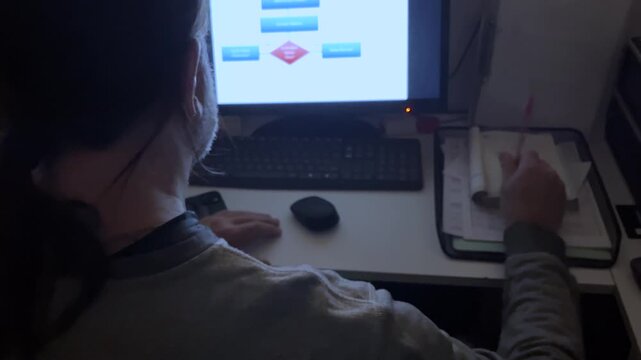 Concentrated man sitting at his desk, illuminated by the bright screens, analyzing a flowchart. Horizontal real time video