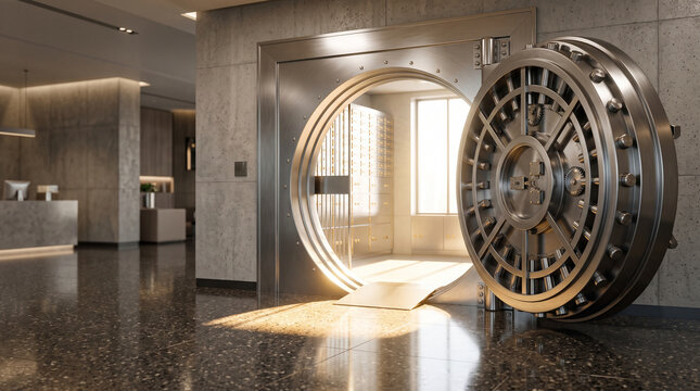 Open bank vault door in modern bank interior with sunlight streaming through, concept of financial security, safe storage and asset protection with copy space