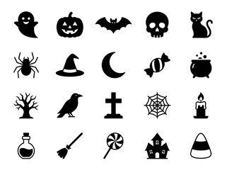 Fototapeta premium Halloween flat icons set with ghost pumpkin spider witch hat and spooky elements on white background