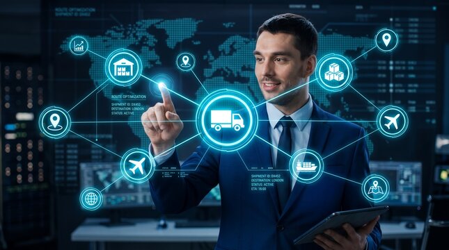 Businessman in suit interacting with holographic logistics and shipping supply chain network management interface with glowing digital icons inside modern control center technology
