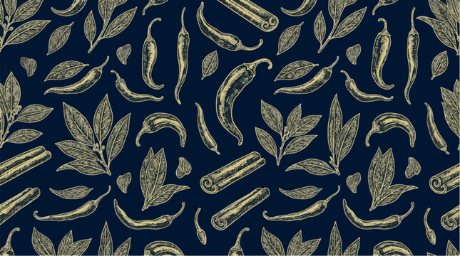 Seamless engraved herbs spices pattern in gold on black