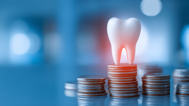 A tooth standing on stacks of coins representing dental treatment costs and healthcare financial planning.
