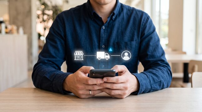 Midsection of a man wearing a blue shirt sitting at a wooden table while holding a smartphone with digital icons representing online shopping delivery tracking floating in the air