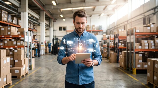 Professional logistics manager working inside a large warehouse while holding a digital tablet with modern supply chain tracking icons floating over the device screen during daily operations