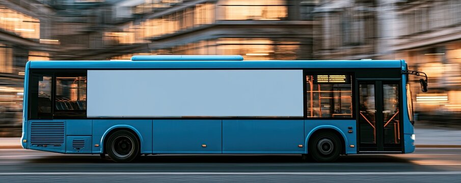 Blue transit bus with blank side panel driving through blurred urban environment
