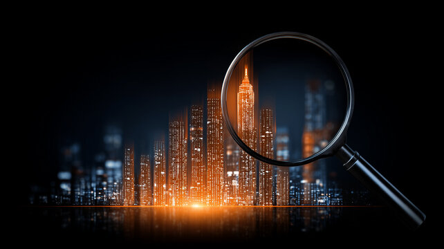 A magnifying glass focuses on a city skyline representing urban development real estate market analysis and property investment assessment.
