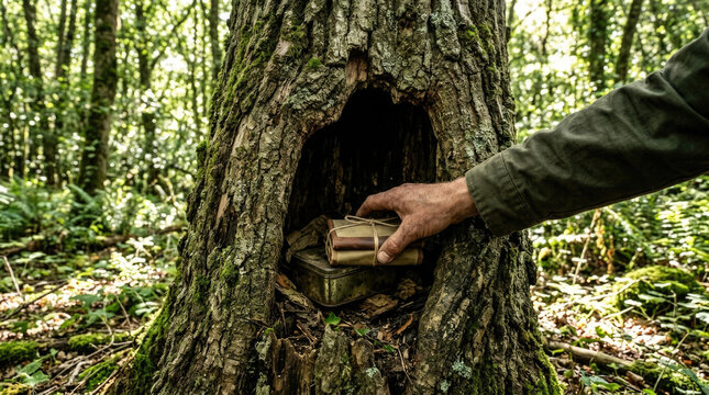 Hand placing a secret wrapped package inside a hollow tree trunk in a deep forest, geocaching adventure concept