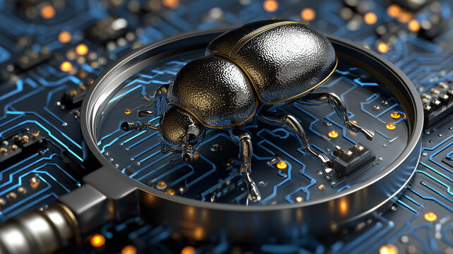 A beetle under a magnifying glass on a circuit board representing software bug detection and digital system troubleshooting.
