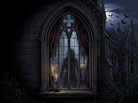 Gothic arched window with rain and stormy night view haunted castle illustration