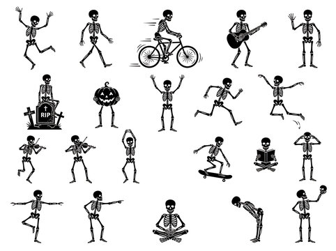 Collection of black silhouette skeletons in various poses with halloween props on a white background