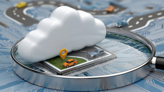 A magnifying glass examines a cloud and connected cars on a processor representing smart mobility cloud computing and vehicle tracking technology.
