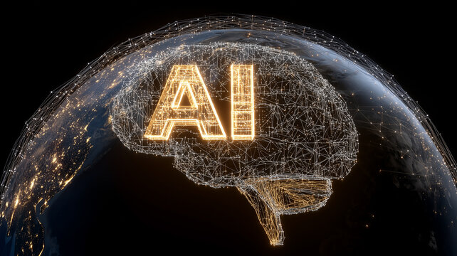 A digital AI brain appears over Earth within a connected network representing global artificial intelligence and intelligent technology transformation.
