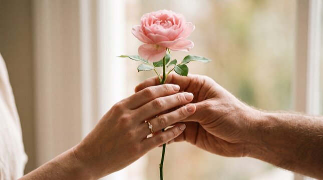 Man gives a pink rose to a woman wearing an engagement ring, symbolizing love and proposal
