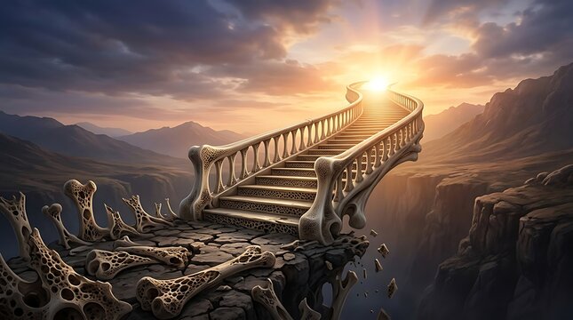 Osteoporosis concept showing fragile bone stairs leading to sunlight