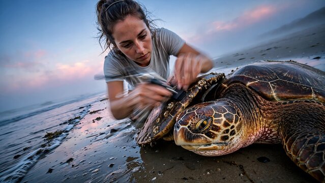 Caucasian female marine biologist attaching a tracking device to a green sea turtle Chelonia mydas on a sandy beach at dusk with motion blur showing her fast action during conservation work