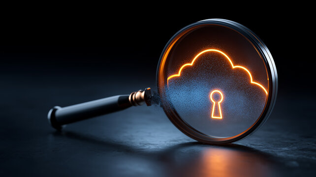 A magnifying glass reveals a locked cloud symbol representing secure cloud access data protection and cybersecurity assessment.
