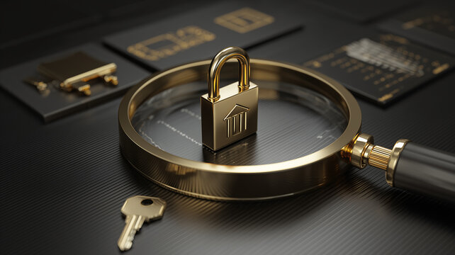 A magnifying glass surrounds a bank padlock beside a key and payment cards representing financial security and protected access.
