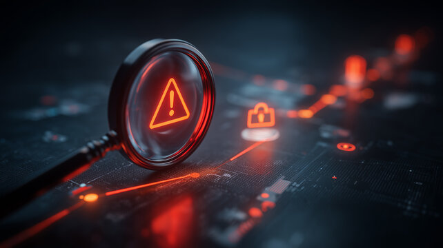 A magnifying glass highlights a warning symbol across a digital network representing cyber risk detection and security incident assessment.
