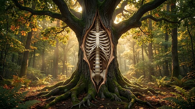 Osteoporosis concept with human skeleton integrated into a tree trunk
